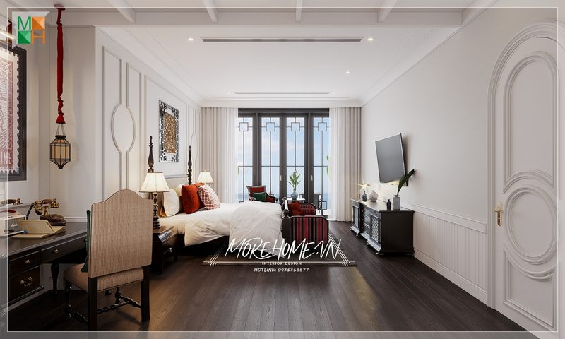 Mẫu thiết kế phòng ngủ phong cách Indochine với nội thất gỗ tự nhiên sơn đen tạo sự nổi bật trên nền phòng màu trắng